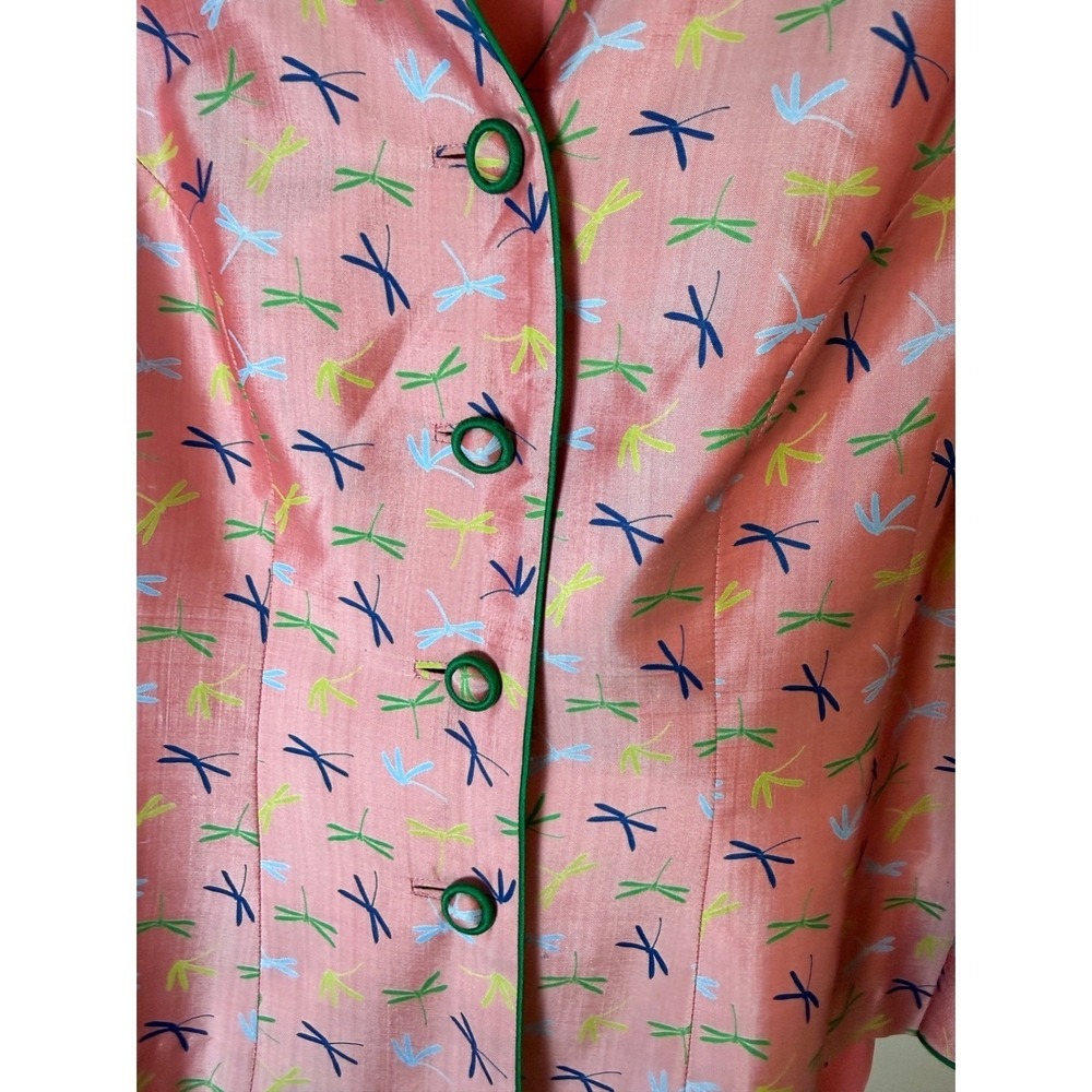 Teal Lotus Dragonfly Print Art to Wear Jacket Bell Sleeve Pink Blazer M - Picture 6 of 11